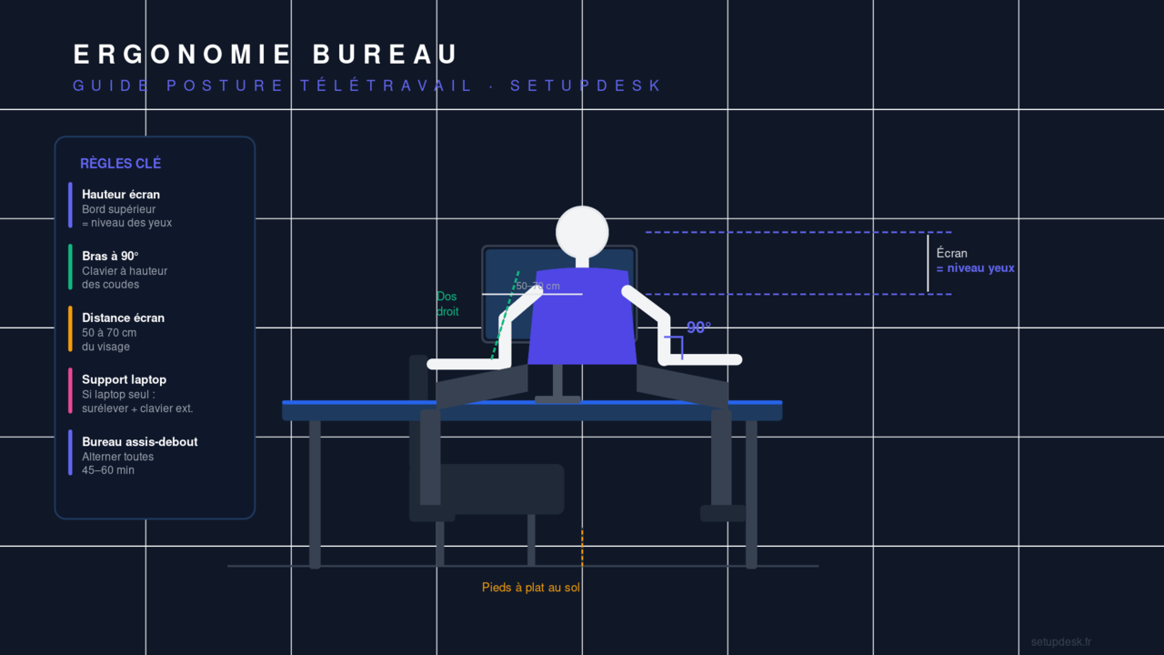 Schéma ergonomie bureau : posture correcte, hauteur écran, bras à 90° – SetupDesk