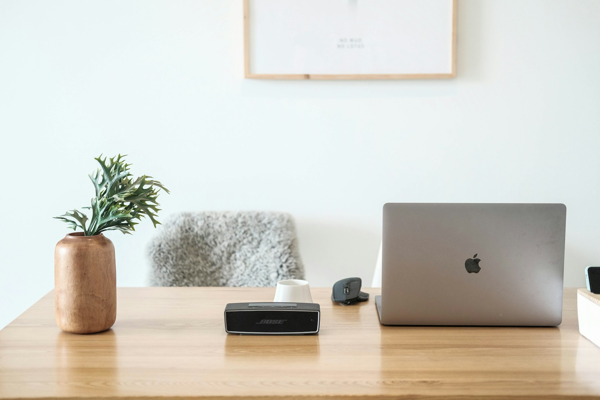 Bureau minimaliste en bois clair avec laptop et plante